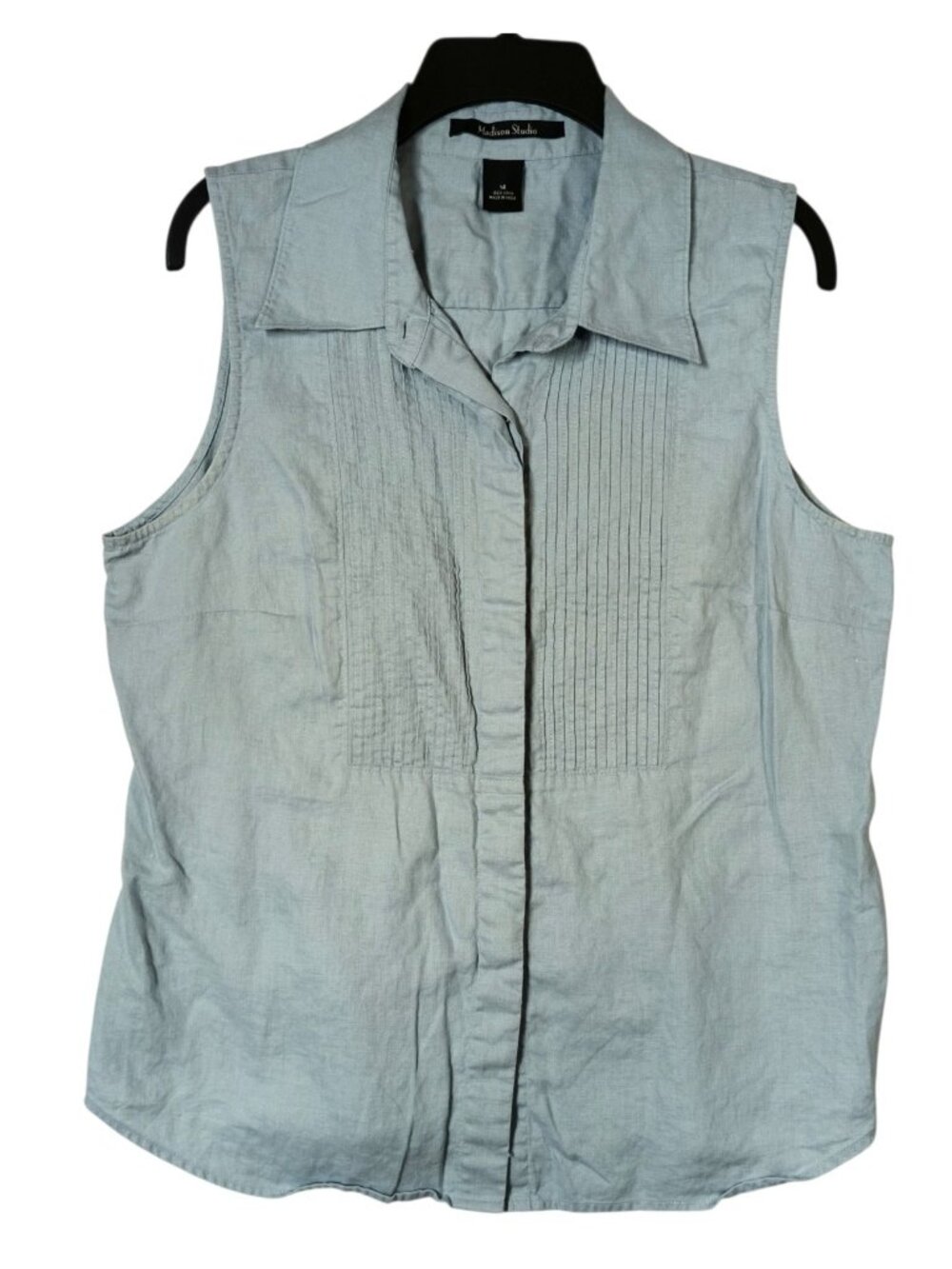 Madison Studio Sleeveless Button Up Linen Shirt Light Blue Pintuck Size 14